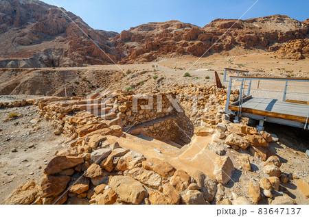 Cave of the Dead Sea Scrolls, known as Qumran cave 4, one of the caves in which the scrolls were found at the ruins of Khirbet Qumran 83647137
