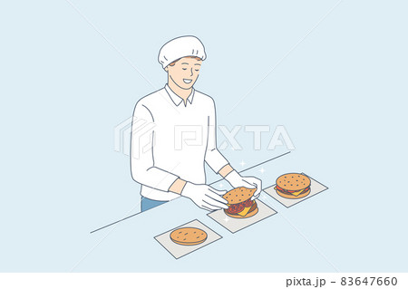 Cooking burgers and junk food cafe concept 83647660