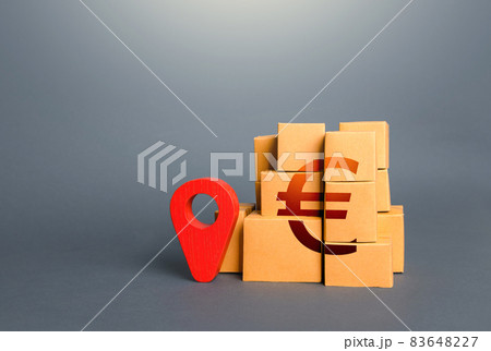 Boxes with euro symbol and red location pin. Transportation delivering logistics, warehouse management. Import export. Trade in goods. Domestic manufacturer. Tracking. Supply distribution of goods. 83648227
