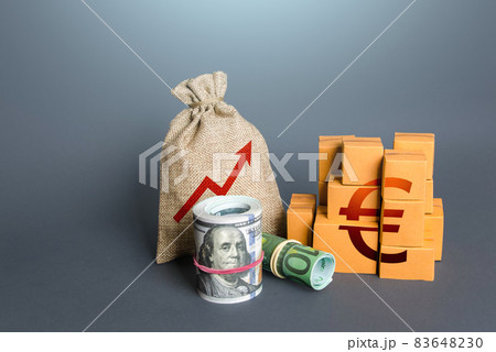 Euro money with goods and an arrow up. Growing profits. Increasing consumption, trade balance. High sales. Import export. Increase in budget revenues from taxes. Economy growth. Production rise. Euro money with goods and an arrow up. Growing profits. Increasing consumption, trade balance. High sales. Import export. Increase in budget revenues from taxes. Economy growth. Production rise. 83648230