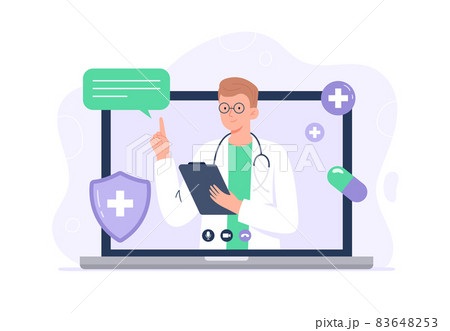 Laptop screen with a male doctor. Online medical services, consultation and telemedicine concept. Vector flat illustration isolated on white background. 83648253