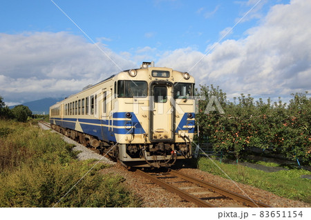 五能線：秋のリンゴ畑を行く普通列車(キハ40系気動車) 83651154