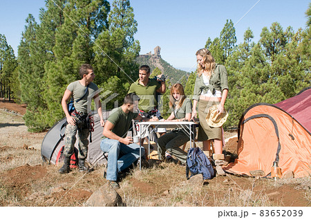 group of hikers in their huts among the pines. group of hikers in their huts among the pines. 83652039