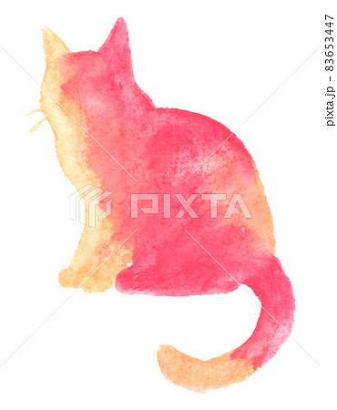 猫のシルエットの手描き水彩イラスト 座るポーズ ピンク色 のイラスト素材