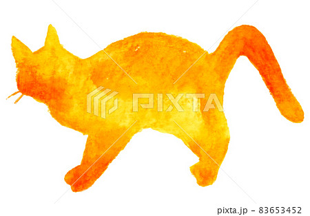 猫のシルエットの手描き水彩イラスト 立つポーズ 黄色 オレンジ色 のイラスト素材