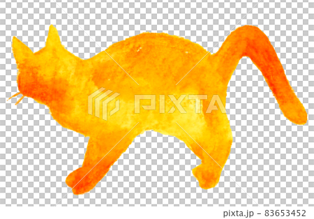 Hand-painted watercolor illustration of a cat silhouette Standing pose (yellow / orange) 83653452