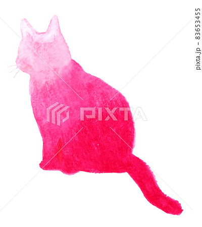 猫のシルエットの手描き水彩イラスト 座るポーズ ピンク色 のイラスト素材