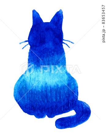 猫のシルエットの手描き水彩イラスト 座るポーズ 青色 水色 のイラスト素材