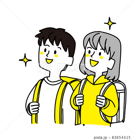 上を見てキラキラしている小学生二人 83654315