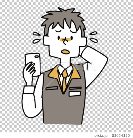 Home appliance mass retailer clerk holding his head in one hand of a smartphone Home appliance mass retailer clerk holding his head in one hand of a smartphone 83654330
