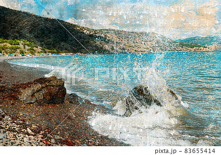 Sea wave crashing on a coastal rock. A splash of water against the sunny bay and mountains. Summer landscape. 83655414