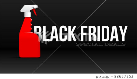 Black Friday sale banner with household cleaner or detergent red bottle. Shopping holiday ad for discount event. Black Friday sale banner with household cleaner or detergent red bottle. Shopping holiday ad for discount event. 83657252