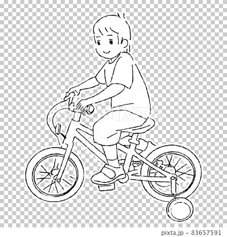 補助輪つき自転車に乗った男の子の白フチ付きモノクロベクターイラスト_半袖、春夏服 83657591