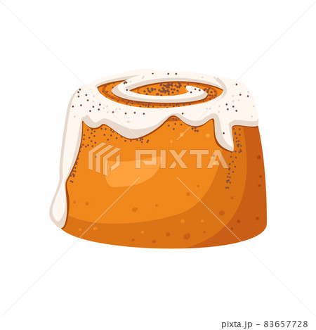 Cinnabon pastry bun icon with cream and cinnamon. Fresh bakery for breakfast or snack for tea and coffee. Vector flat illustration Cinnabon pastry bun icon with cream and cinnamon. Fresh bakery for breakfast or snack for tea and coffee. Vector flat illustration 83657728
