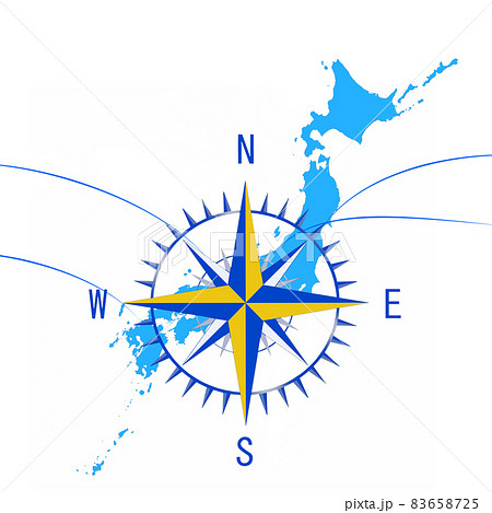 白背景に青色の日本地図と方位磁石 羅針盤 のイラスト素材