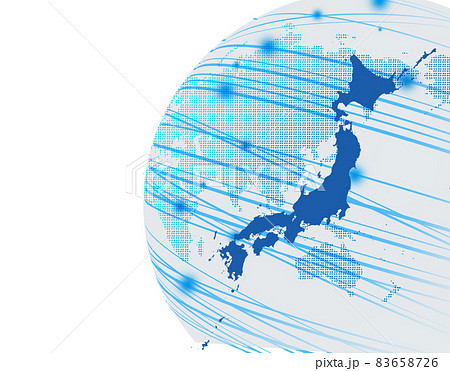 白背景に半球体の世界地図の上に日本地図を配した 83658726
