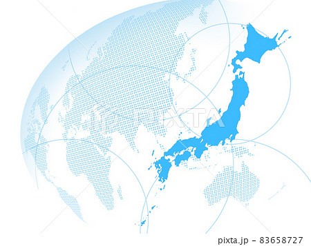 白背景に半球体の世界地図の上に日本地図を配した 83658727