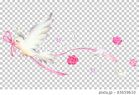 ピンクのリボンをくわえて羽ばたく白い鳥と舞う羽と花　手描き色鉛筆画 83659610