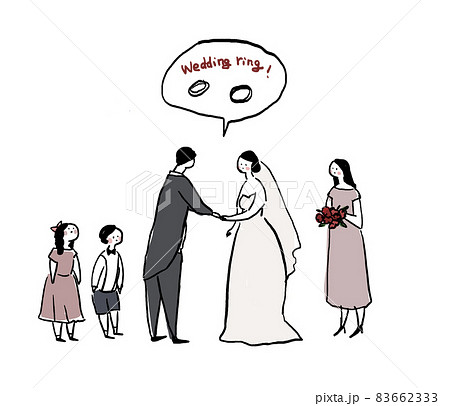 指輪の交換をする新郎新婦とリングボーイ リングガール 付添人 ウエディング 結婚式 A のイラスト素材