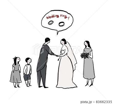 指輪の交換をする新郎新婦とリングボーイ、リングガール、付添人、ウエディング、結婚式、B　 83662335