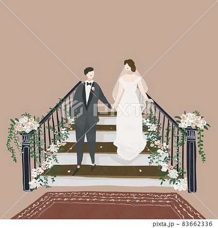手をつないで階段を降りる新郎新婦 フラワーシャワー 花嫁 ウエディング 結婚式 フラワー Aのイラスト素材