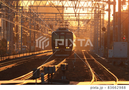 夕日を背にさくら夙川駅付近を走る321系電車 夕日を背にさくら夙川駅付近を走る321系電車 83662988