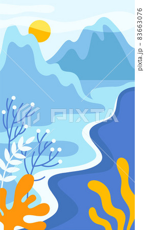 Blue Day Abstract Landscape with Mountains and Sun in the Sky Vector Illustration Blue Day Abstract Landscape with Mountains and Sun in the Sky Vector Illustration 83663076