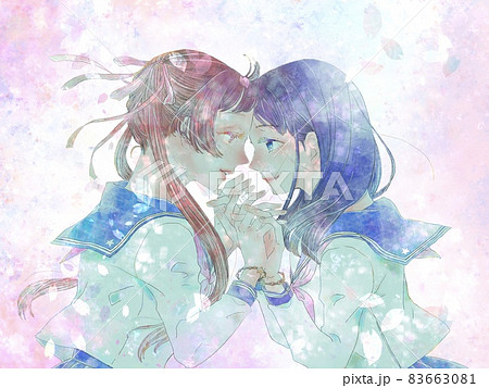 手を取り合う女子ふたり その1 桜背景のイラスト素材