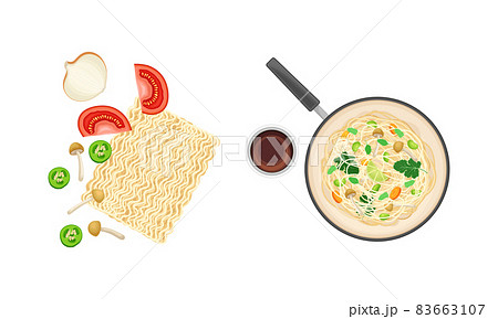 Ingredients for Chinese Noodle Preparation with Mushroom and Tomatoes and Served Dish Vector Set 83663107