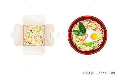 Cooked Noodle Served in Bowl and Garnished with Herbs and in Cardboard Box Above View Vector Set 83663109