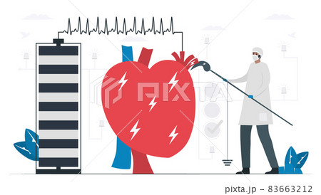 Doctor treats a heart disease problem that called tachycardia arrhythmia. Periodic signal is fast impulse response. Cardiology vector illustration isolated on white background. 83663212