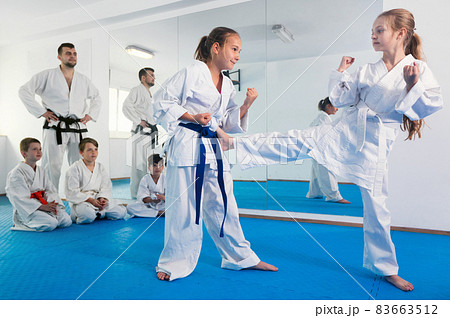 Pair of little girls practicing new karate moves during class Pair of little girls practicing new karate moves during class 83663512