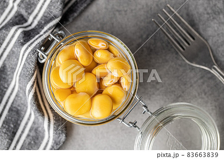 Pickled yellow Lupin Beans in jar. Pickled yellow Lupin Beans in jar. 83663839