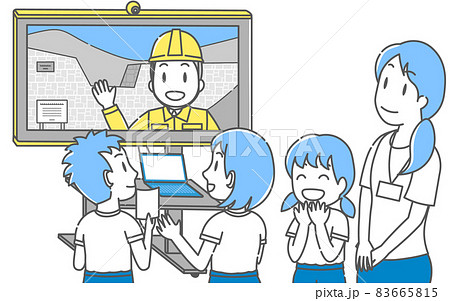 ICTを活用した授業で、砂防ダム建築工事の専門家に話を聞く子どもたち 83665815