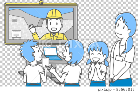 ICTを活用した授業で、砂防ダム建築工事の専門家に話を聞く子どもたち 83665815