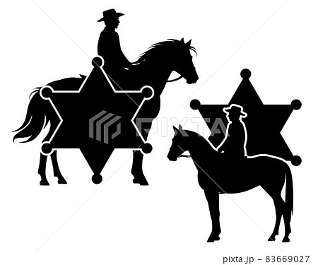 wild west sheriff cowboy riding horse black vector silhouette against star badge design set 83669027