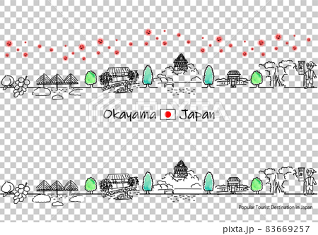 岡山県の観光地の街並みと新型コロナウイルスのシンプル線画セット 83669257