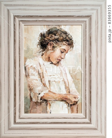 The framed painting is created in oil with expressive brush strokes.  83669355