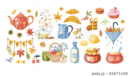 Teatime autumn set. Autumn tea party food and drink. Traditional fall attributes. 83671109