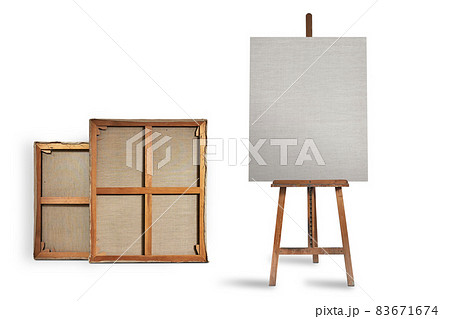 Authentic wooden easel with vertical format of canvas. 83671674