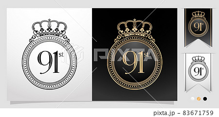Happy Anniversary 91st Frame and border with crown. number element with color gold isolated background, for letterpress, embroidery, invitation wedding anniversary and sign label. 83671759