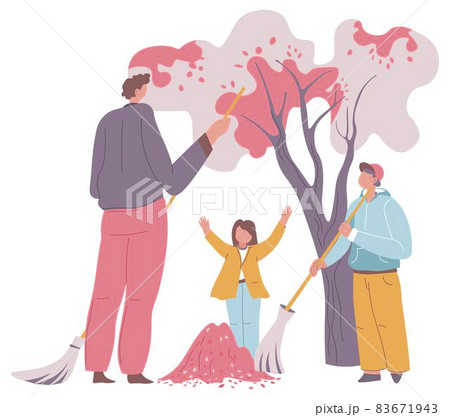 Children helping dad in garden cleaning leaves 83671943