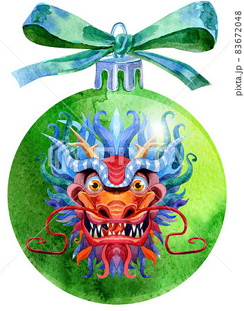 Watercolor green Christmas ball with bow and Chinese dragon isolated on a white background. Watercolor green Christmas ball with bow and Chinese dragon isolated on a white background. 83672048