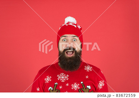 Life is surprising. Man hipster wear winter knitted hat. Life is surprising. Man hipster wear winter knitted hat. 83672559