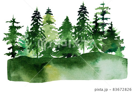 Winter Christmas Watercolor with green coniferous trees landscape Winter Christmas Watercolor with green coniferous trees landscape 83672826