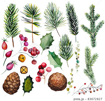 Winter Christmas Watercolors set with fir tree branches, bells, holly leaves and berries Winter Christmas Watercolors set with fir tree branches, bells, holly leaves and berries 83672827