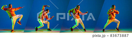 Full-length collage of four pictures of young man dancing hip-hop isolated over multicolored background in neon lights Full-length collage of four pictures of young man dancing hip-hop isolated over multicolored background in neon lights 83673887