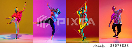 Full-length collage of four active young people, male and female, dancing hip-hop isolated over multicolored background in neon lights Full-length collage of four active young people, male and female, dancing hip-hop isolated over multicolored background in neon lights 83673888