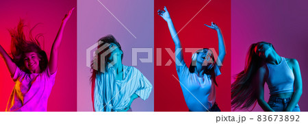 Collage of four beautiful young girls dancing isolated over multicolored background in neon lights Collage of four beautiful young girls dancing isolated over multicolored background in neon lights 83673892