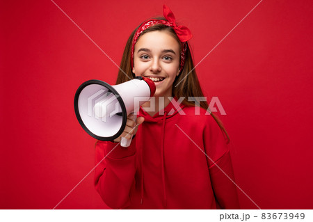 Photo portrait of beautiful attractive cute positive happy smiling dark blonde little female Photo portrait of beautiful attractive cute positive happy smiling dark blonde little female 83673949